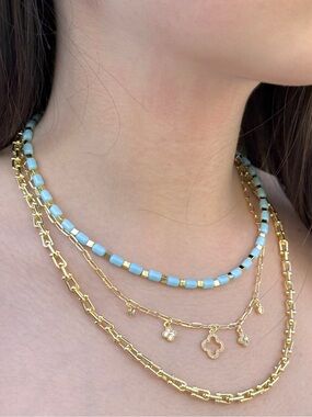 Minimalist Light Blue Bead & Gold Tone Accent Necklace Summer Adjustable Choker